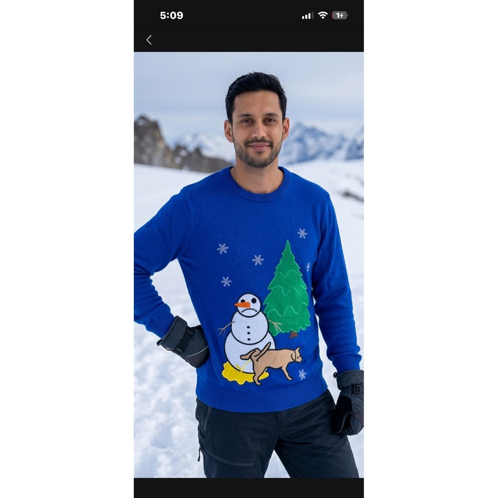 Alex Stevens Mens XL Blue Ugly Christmas Sweater Dog Peeing Snowman Cotton Knit